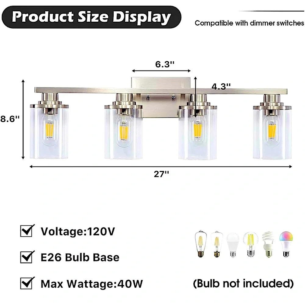 STAMBORD Bathroom Brushed Nickel Vanity 4-Light Fixture with Clear Glass Shades